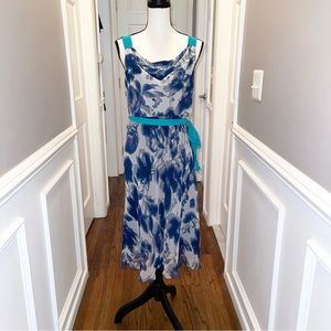 Jonathan Martin blue, aqua, white floral flowy belted dress size 6